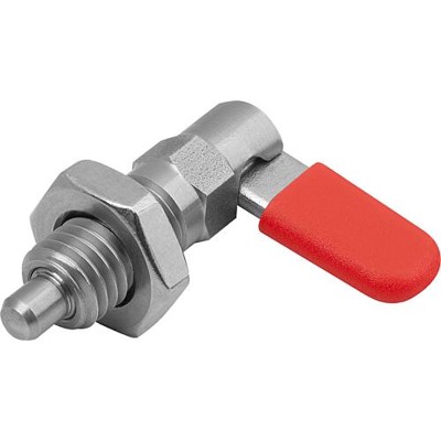 KIPP - SPERRRIEGEL MIT ANSCHLAG, LINKS, D=10, M16, FORM:D M. GEW.HÜLSE/MUTTER/KAPPE, EDELSTAHL BLANK, KOMP:POLYPROPYLEN ROT