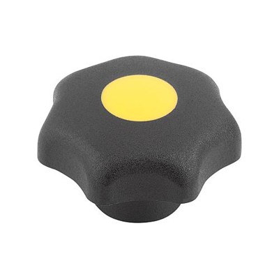 KIPP - STERNGRIFF ÄHNLICH DIN6336 D=M12, D1=63 H=40, FORM:K, THERMOPLAST SCHWARZ, KOMP:EDELSTAHL DECKEL:GELB RAL1021