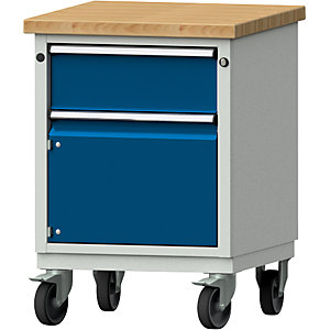 Kompaktwerkbank, BxT 605 x 650 mm, 1 Schublade, 1 Schrank, fahrbar.