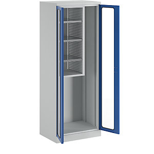 Geräte- und Putzmittelschrank, Breite 750 mm, Sichtfenstertüren, lichtgrau / enzianblau.