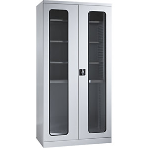 Geräte- und Putzmittelschrank, Breite 1000 mm, Sichtfenstertüren / 2 Regalboxen, lichtgrau.