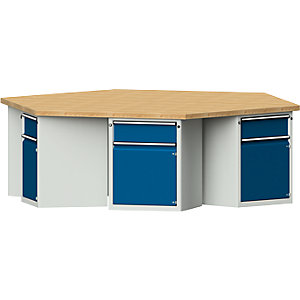 Gruppen-Werkbank, 6 Schränke, je 1 Schublade, 1 Tür, Buchemassivplatte.