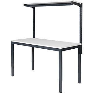 Höhenverstellbarer Arbeitstisch mit Etagenbord, Arbeitshöhe 650 - 900 mm, BxT 1800 x 700 mm.
