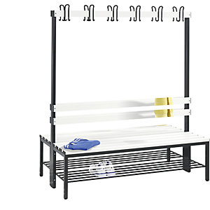 Garderobenbank BASIC, doppelseitig, Kunststoffleisten, Länge 1500 mm, reinweiß, Schuhrost.