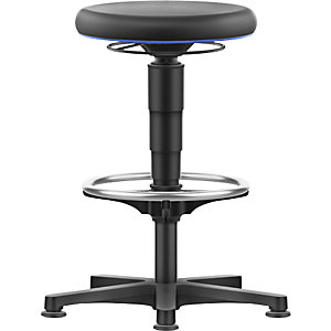 Hocker Allround, mit Gleitern, Fußring, PU-Schaum, Farbring blau.